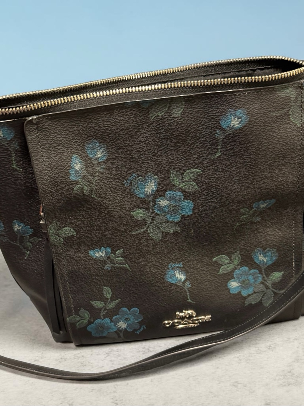 Coach Black Shoulder Bag with Blue Floral Print